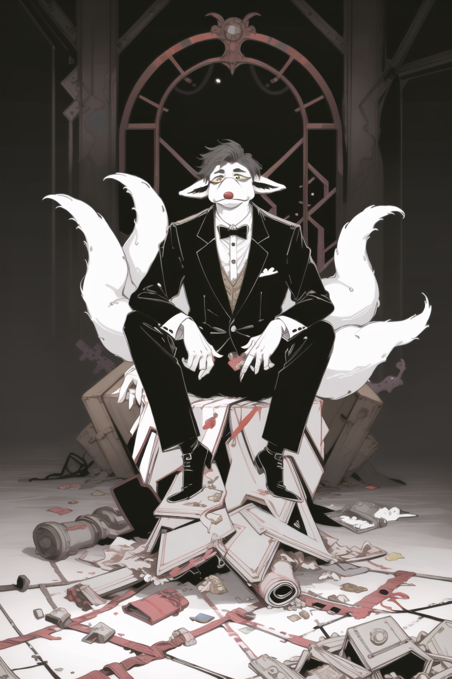 03378-3514935640-masterpiece, best quality, ebstyle, solo, a (fox muppet_1.2) wearing a formal tuxedo sitting on a pile of garbage, sad, limited.png